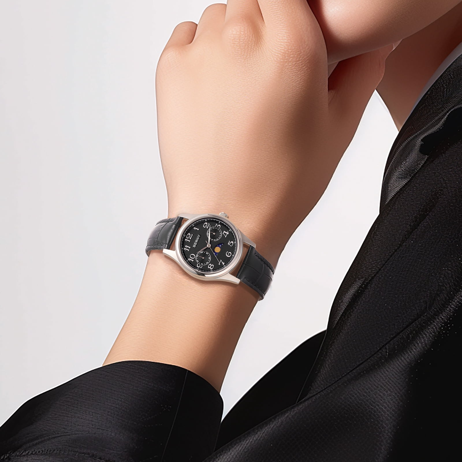 BERNY Dress Watches for Women, MultiFunction Leather Watch with Moon Phase, Day & Date Calendar, Stainless Steel Case, Easy to Read, Waterproof, Ladies Analog Quartz Wrist Watch (Black)