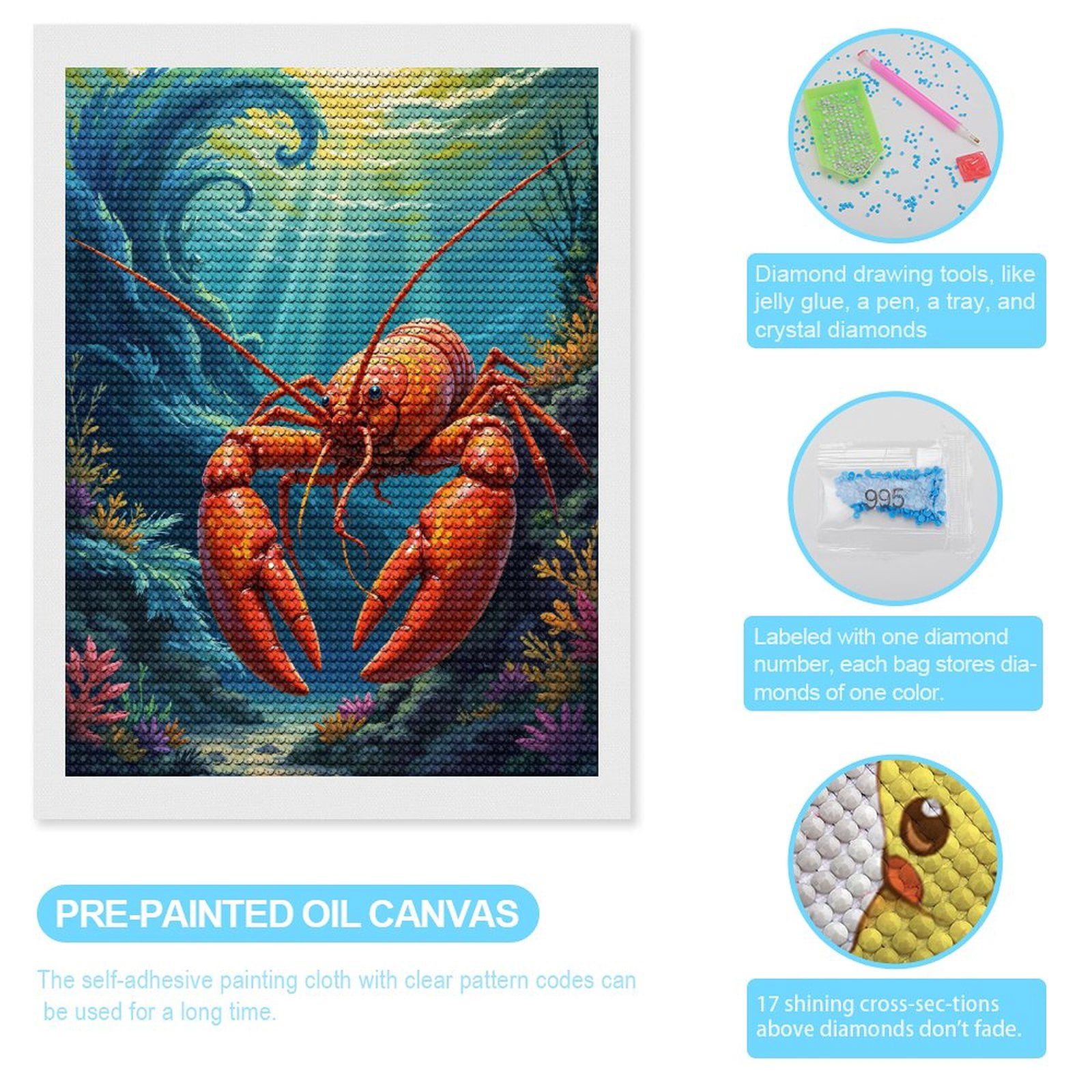 Diamond Art Kits for Adults, Underwater Lobster Coral Fantasy 5D Diamond Painting Kits for Adults Beginners, DIY Full Drill Diamond Painting, Gem Art and Crafts 12x16