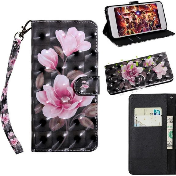 Samsung Galaxy S21 Wallet Case for Women, Premium PU Leather Prints Flip Cute Cover with Card Holder & Kickstand Feature Phone Case for Samsung Galaxy S21 Black Pink Flower