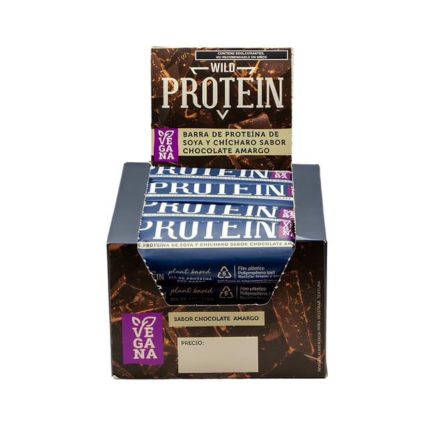 Wild Protein | Barras altas en proteína | Vegana | Sabor chocolate amargo | Pack de 16 unidades | 14 g de proteína | Sin azúcares ni grasa añadida | 45 g ca