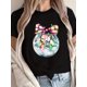 thumbnail image 1 of Women's Festive Christmas Bow & Glitter Ball Print T-Shirt - Casual Crew Neck, Short Sleeve, 100% Top, 1 of 6