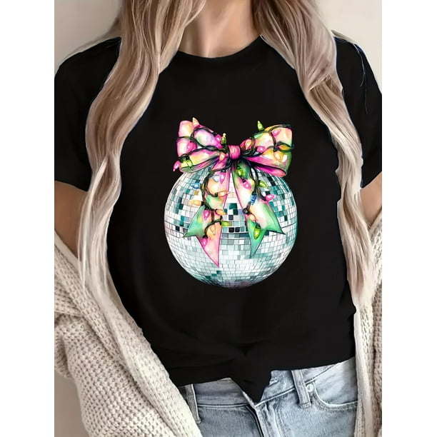 Women's Festive Christmas Bow & Glitter Ball Print T-Shirt - Casual Crew Neck, Short Sleeve, 100% Top