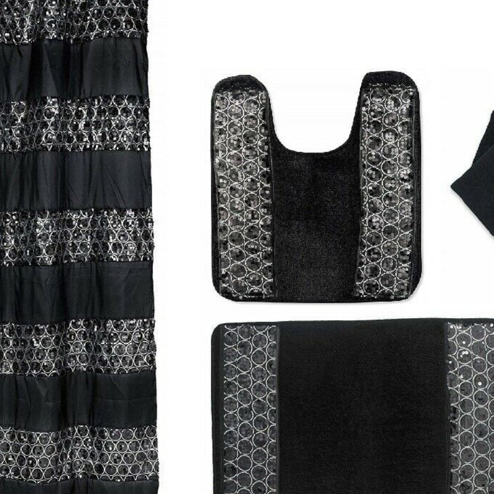 7 Piece Sinatra Black Shower Curtain, Resin Shower Hooks, 2 Rugs and Towel Set