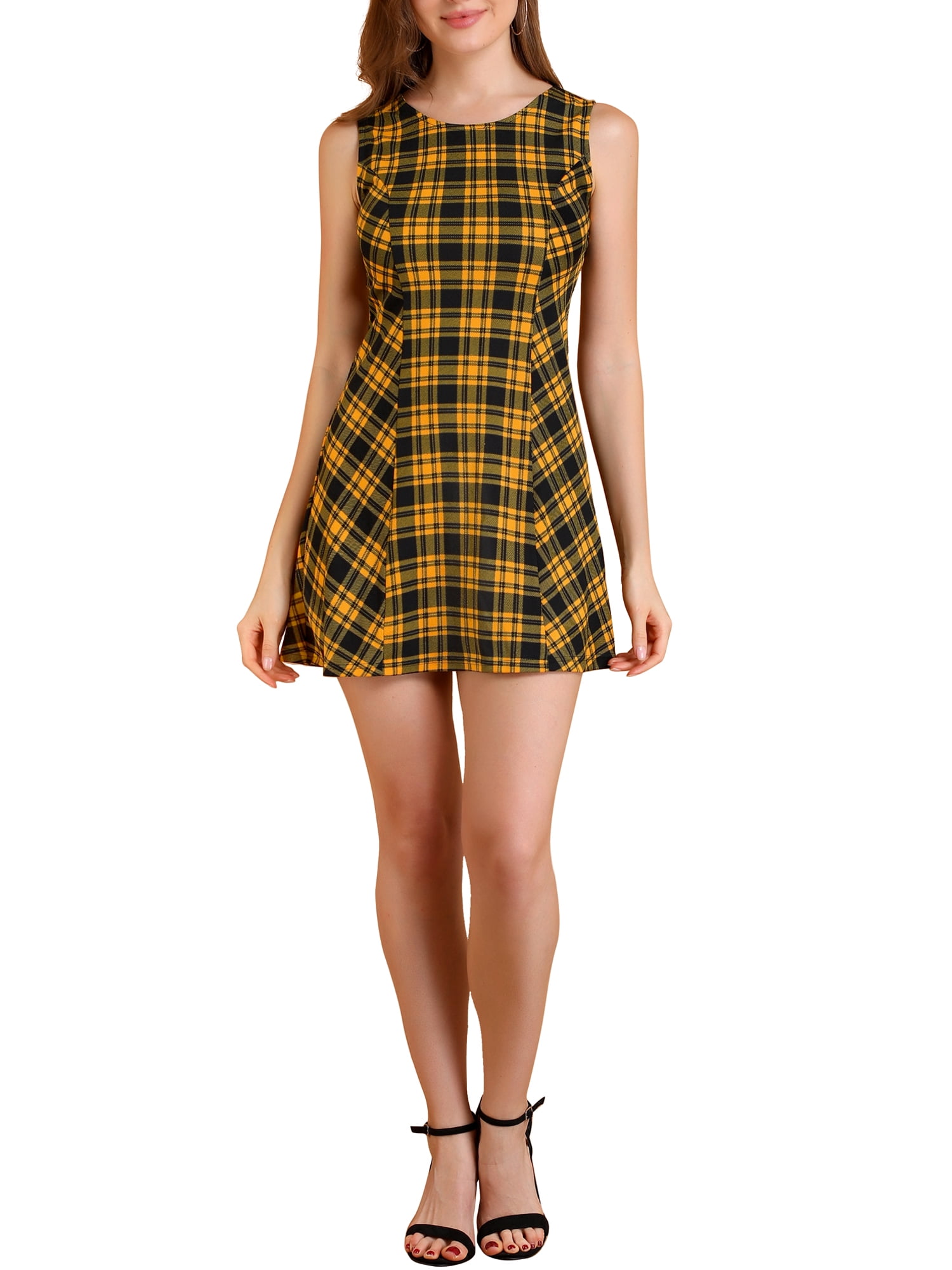 Allegra K Women's Halloween Costume Round Neck Sleeveless Plaids ALine