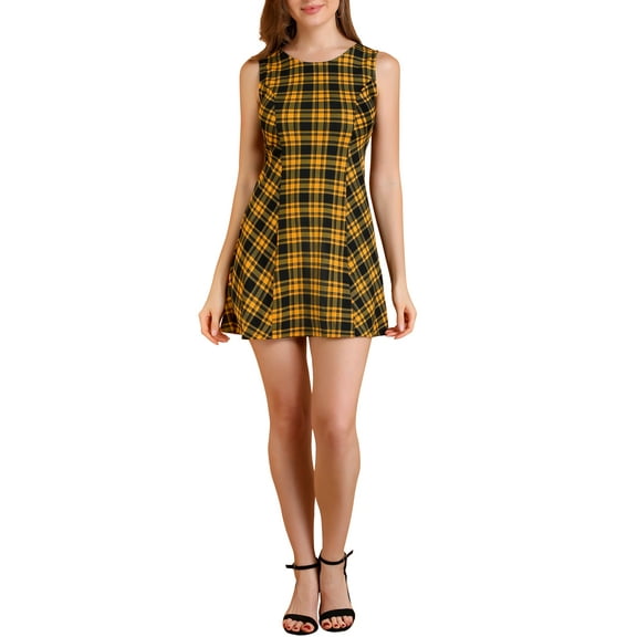Allegra K Women's Round Neck Sleeveless Plaids A-Line Fit and Flare Mini Dress