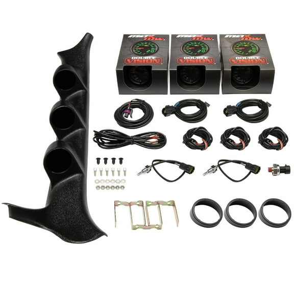 MaxTow | 1987-1991 OBS Ford F-Series 6.9 & 7.3 IDI Triple Gauge Pillar Pod with Black & Green Double Vision Series Oil Pressure Gauge, Water Temp Gauge & Trans Temp Gauge