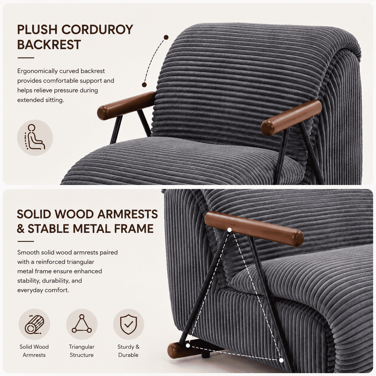 MOONMISS Corduroy Accent Chair, Upholstered Lounge Armchair with Solid Wood Armrests & Minimalist Metal Frame for Living Room, Bedroom,Gray