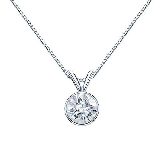 18K White Gold Round Bezel-set Solitaire Moissanite Pendant Necklace (1/2ct TGW, 5mm, O.White) 16 to 18-inch by Diamond Wish