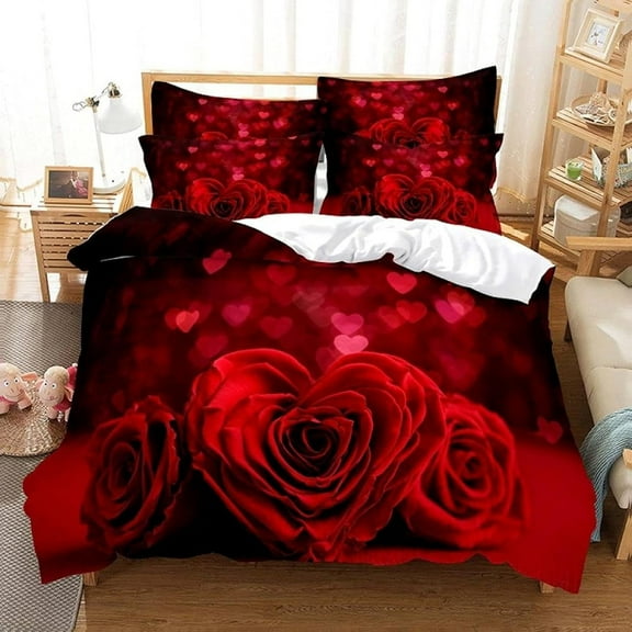 Romantic Love Wedding 3D Printed Decorative Red Rose Flowers 3 Piece Bedding Set, Hearts Floral Quilt Cover Bedding Sets for Kids Adult Teens Comforter with 2 Pillowcases, Twin(68x86in)