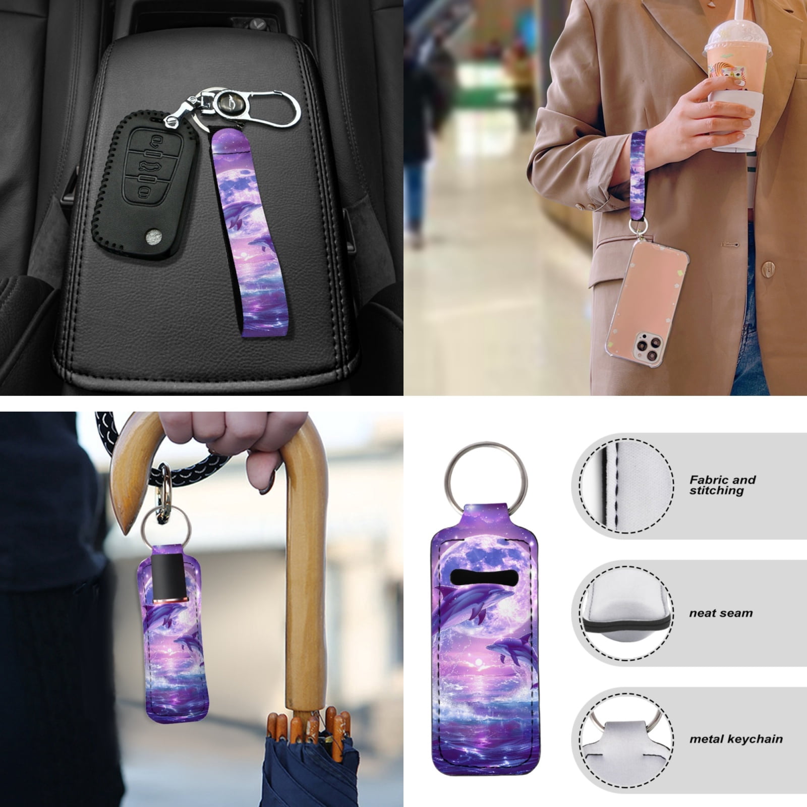 Yuyamidu Cute Dolphin Car Seat Cover Set with Steering Wheel Cover Purple Moon Seat Belt Pad Cup Holder Auto Armrest Cover Keychain Fit for Most Cars SUVs