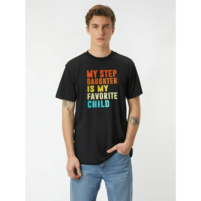 Funny 'My Step Daughter Is My Favorite Youngsters' Men’s Short Sleeve Graphic T-Shirt - Black Cotton Casual Father’s Day Gift, Machine Washable, Casual Wear | Crew Neck Tee | Medium Stretch