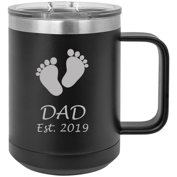 Dad Established EST. 2019 Baby Feet Stainless Steel Vacuum Insulated 15 Oz Travel Coffee Mug with Slider Lid, Black