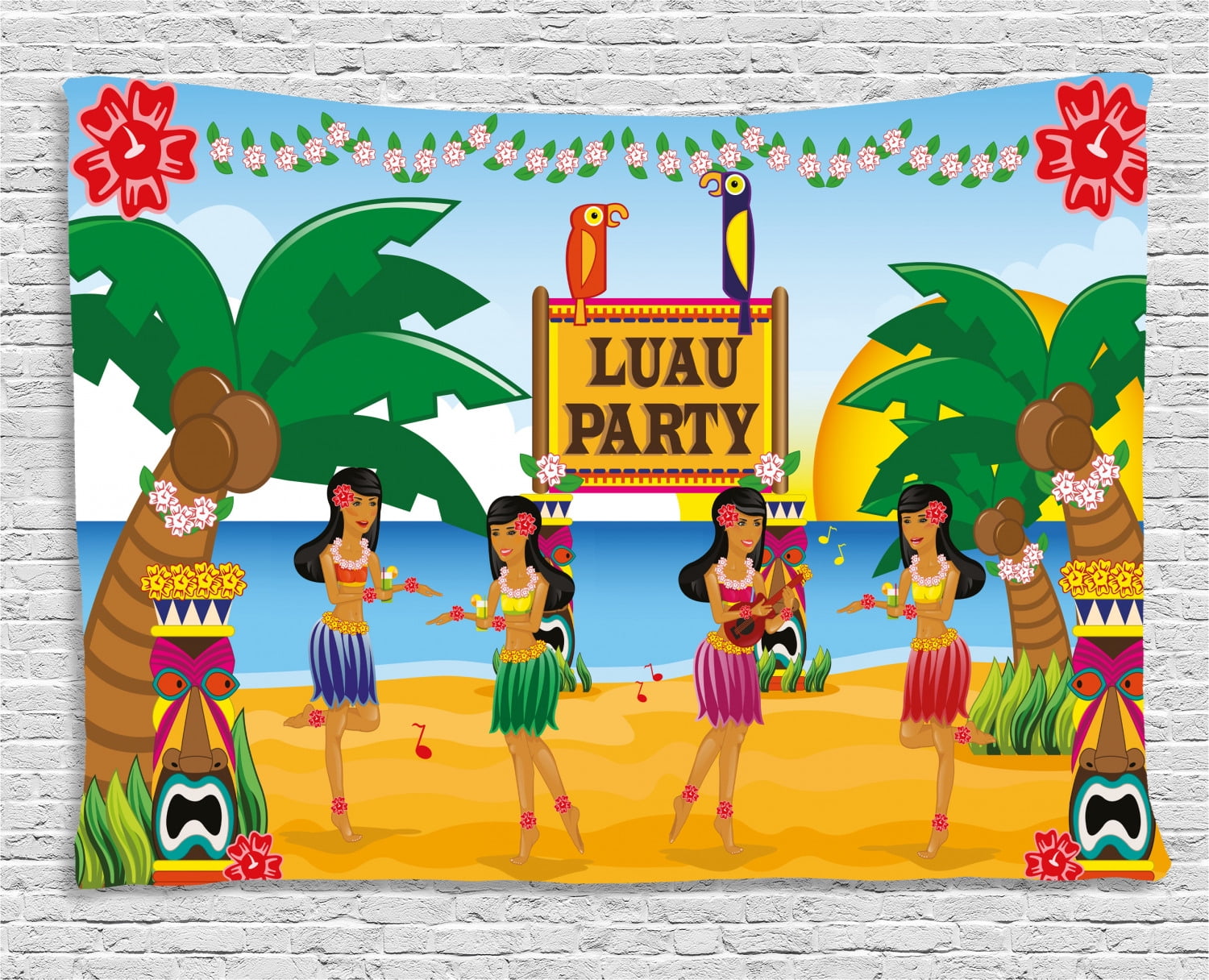 Tiki Bar Decor Tapestry Hawaiian Luau Party In Cartoon Style