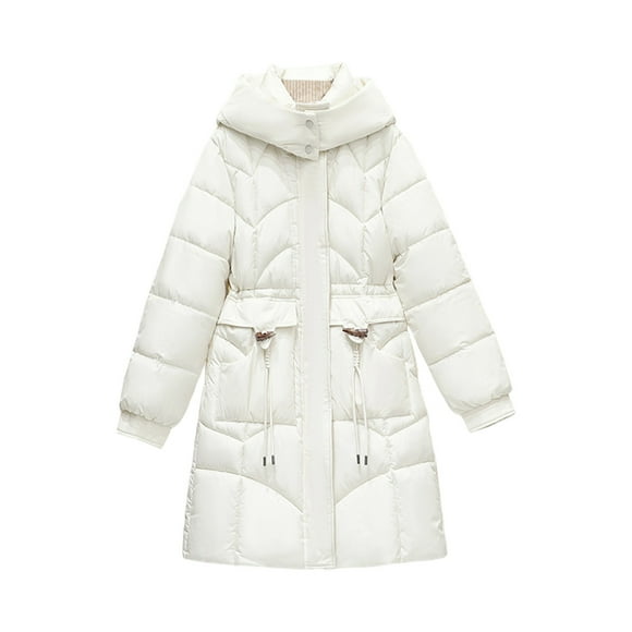 hoksml Women's Mid-Length Slim Fit Winter Coat Toggle Buttons Waisted Puffer Jacket Solid Color Classic Hooded Down Jacket