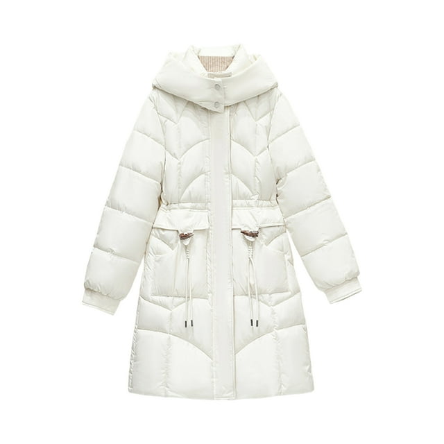 Women's Winter Mid-Length Hooded Puffer Down Jacket - Zip Up Quilted Stand Collar Coat with Pockets (Warm Fleece Lined)