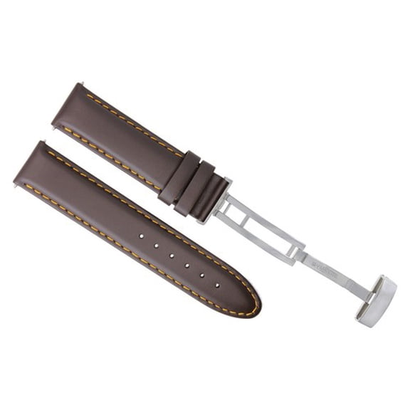 18mm Leather Watch Band Strap With Deployment Clasp, Dark Brown with Orange Stitching, Silver Clasp, Compatible With Audemars Piguet Brown