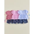 thumbnail image 3 of BemeyourBBs Toddler Baby Girl Summer Clothes Denim Outfits Plaid Short Sleeve Tunic Shirt Tops Strawberry Bowknot Floral Embroidery Jeans Shorts Set, 3 of 9