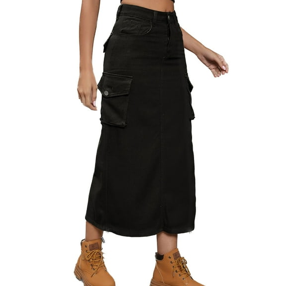 SWSMCLT Women's Long Jean Skirt Back High Slit Utility Multi Pockets Long Denim Skirt Tea Length Y2K Cargo Skirt Jean Adjustable Drawstring Casual A-Line Black Small