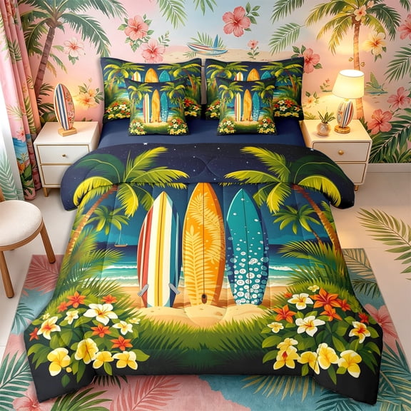 Castle Fairy Night Tropical Surfboard 7-Piece Twin Bedding,Plumeria Palm Beach Print Bedding Comforter Set,Navy Orange,Navy Blue Reversible