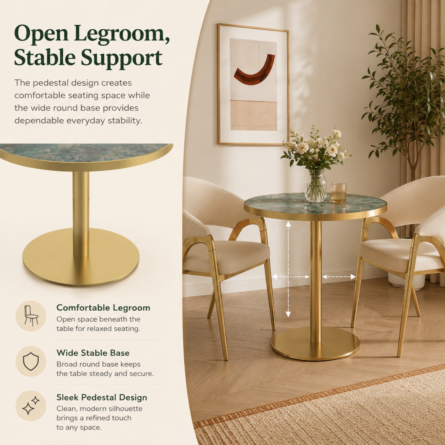 Miniyam 31.5 in. Round Tulip Dining Table for 2-4, Glossy Stone-Look Pedestal Table for Kitchen or Small Spaces, Green
