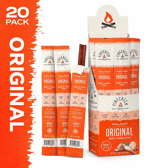 FireCreek Snacks Original Smoked Beef and Pork Meat Sticks, Gluten Free, High Protein Snack (Box of 20 - 1oz Ea)