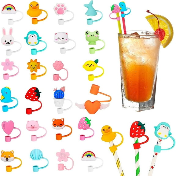 24 Pcs Straw Covers Caps Silicone Straw Tips Cover Reusable Drinking Straw Tips Lids Cute Cartoon Anti-dust Straw Plug for 6mm Straws Splash Proof Home Kitchen Accessories (not Include Straw)