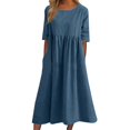 thumbnail image 2 of IDALL Summer Dresses,Petite Dresses Women's Fashionable Loose Cotton And Linen Round Neck Half Sleeved Midi Dress Linen Dress,Modest Dresses,Womens Dresses Navy Dress XL, 2 of 6