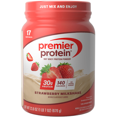Premier Protein 100% Whey Protein Powder, Strawberry Milkshake, 30g Protein, 23.3 oz, 1.7 lb