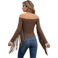 thumbnail image 2 of inhzoy Women's Fringe Trim Off Shoulder Long Sleeve Top Blouse Concert Cowgirl Disco Outfits Brown XL, 2 of 7