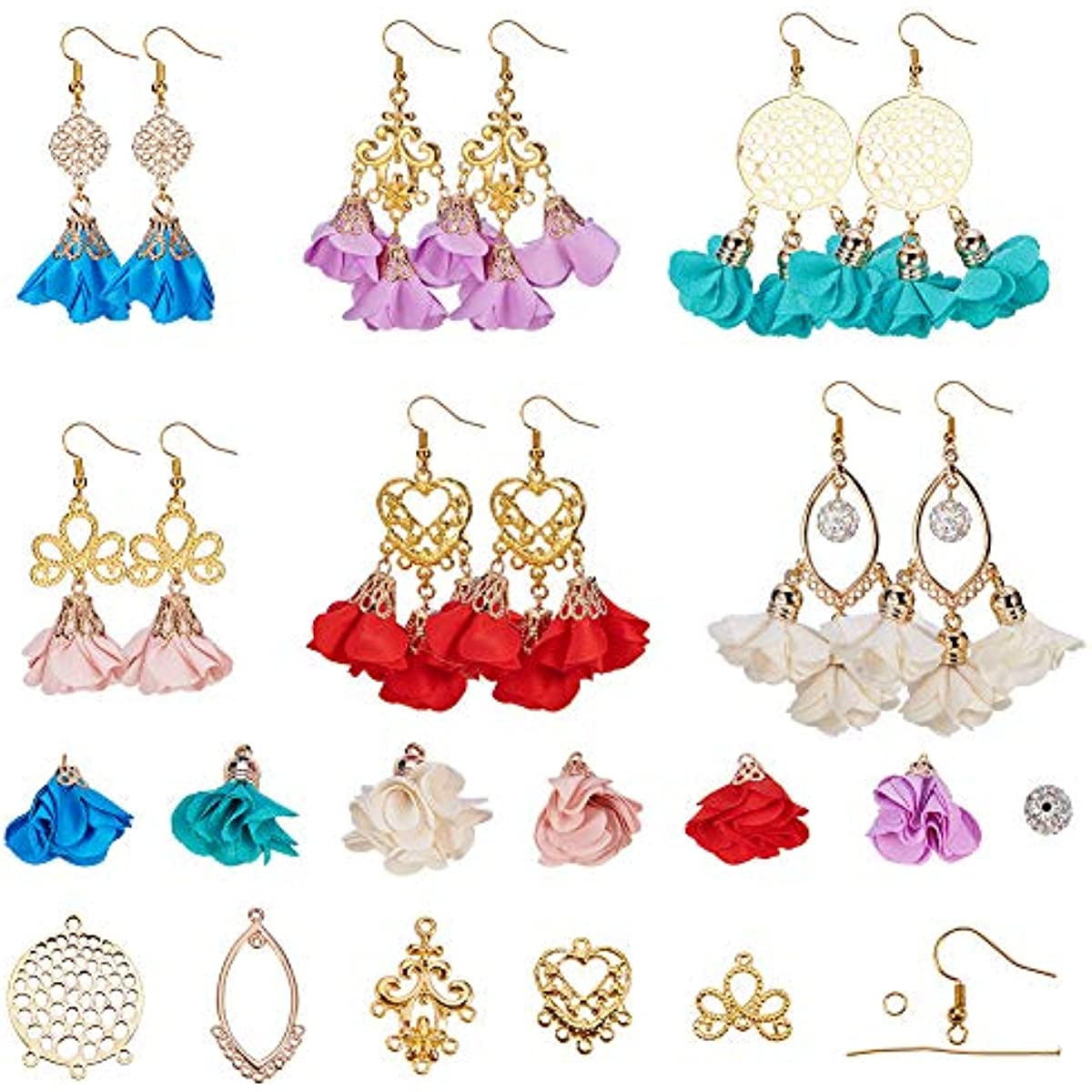 1 Bag DIY 6 Pairs 3D Fabric Cloth Flower Dangle Earrings Making Kits Include Chiffon Flower