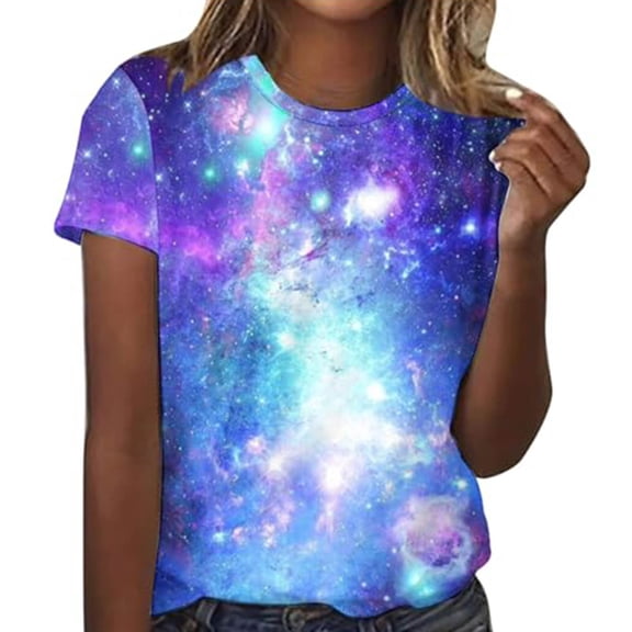 T-Shirts For Women Starry Galaxy Shirt 3D Galaxy Print T Shirt Glitter Shirt Fashion Starry Summer Shirt Round Neck Short Sleeve Top Carnival Outfit Womens Tops