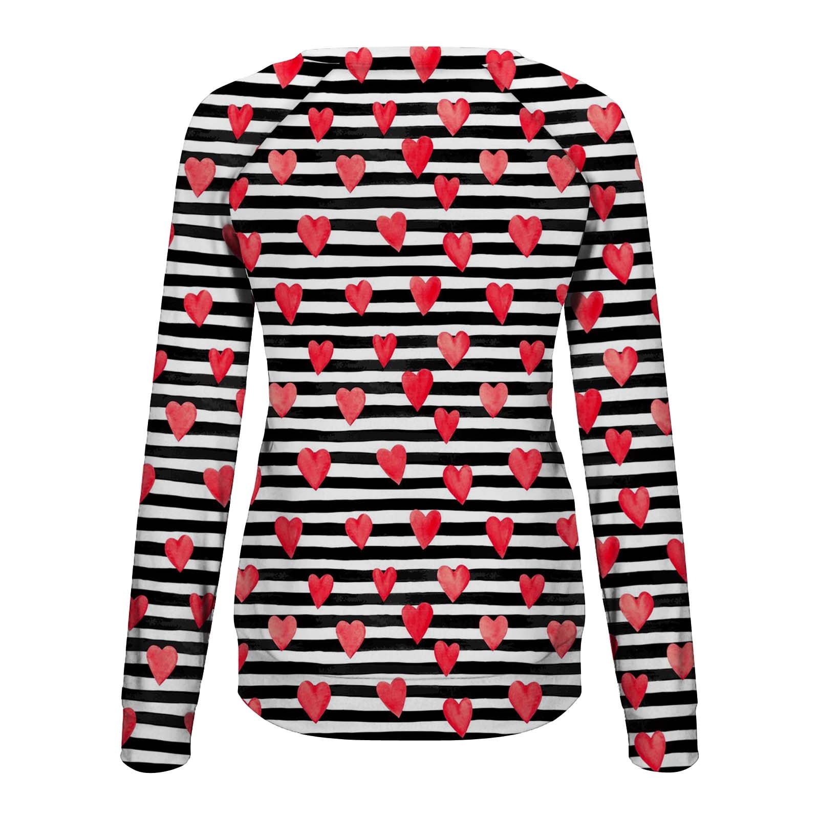 RQYYD Women Stripe Love Heart Tops Day Red Sleeve Crewneck Happy Loose Sweatshirt Shirts Long Graphic Casual XL Valentine\'s Pullover