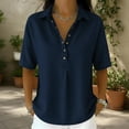 thumbnail image 2 of Sillenn Retro Denim Shirt for Women Collar Henley Half Button Short Sleeve Jean Shirt Oversized Dressy Casual Jean Blouse Lightweight Loose Fit Business Casual Office Work Polo Shirt Dark Blue S, 2 of 5