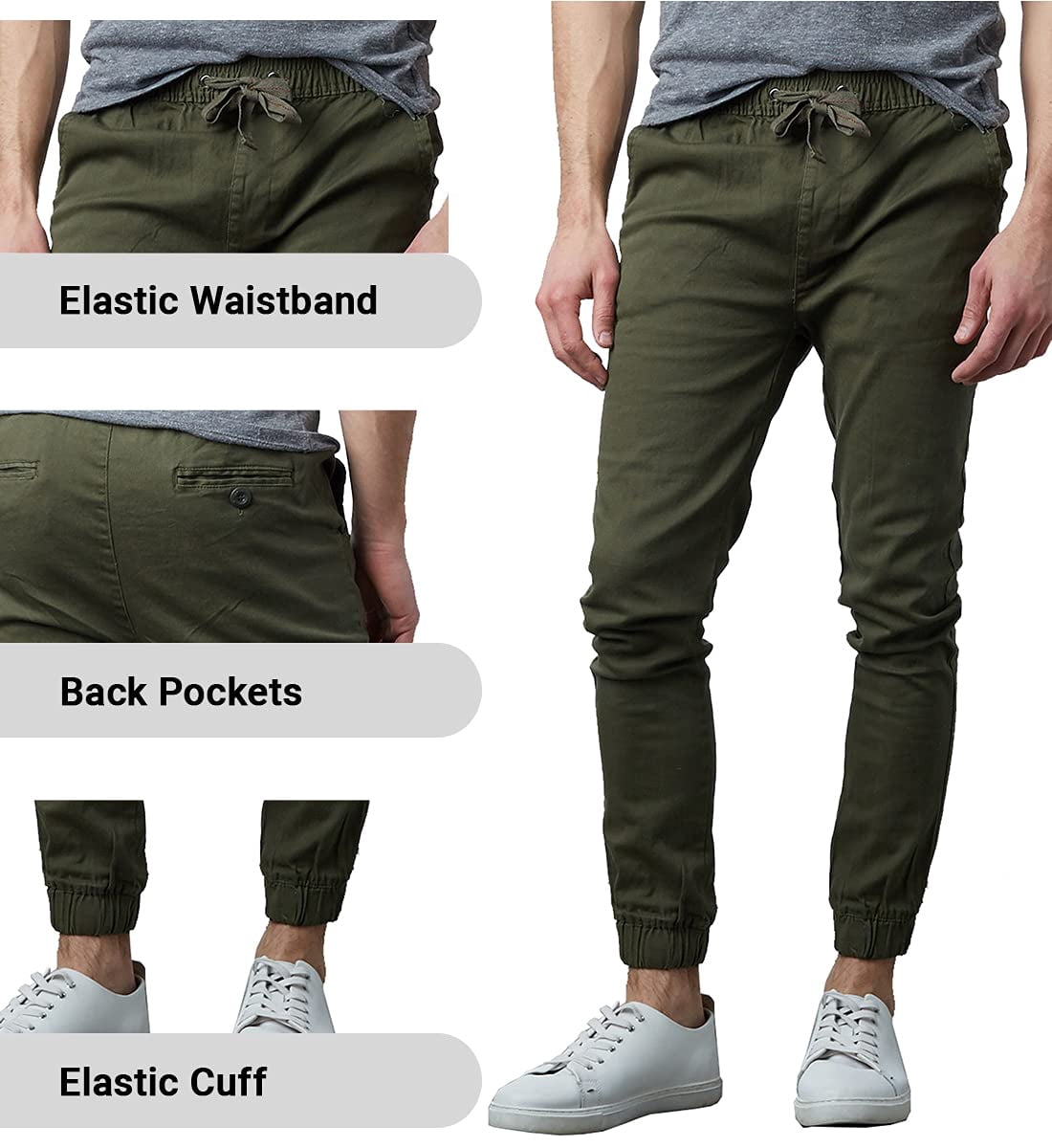 Galaxy Mens Basic Stretch Twill Casual Jogger Pants, Green, X-Large
