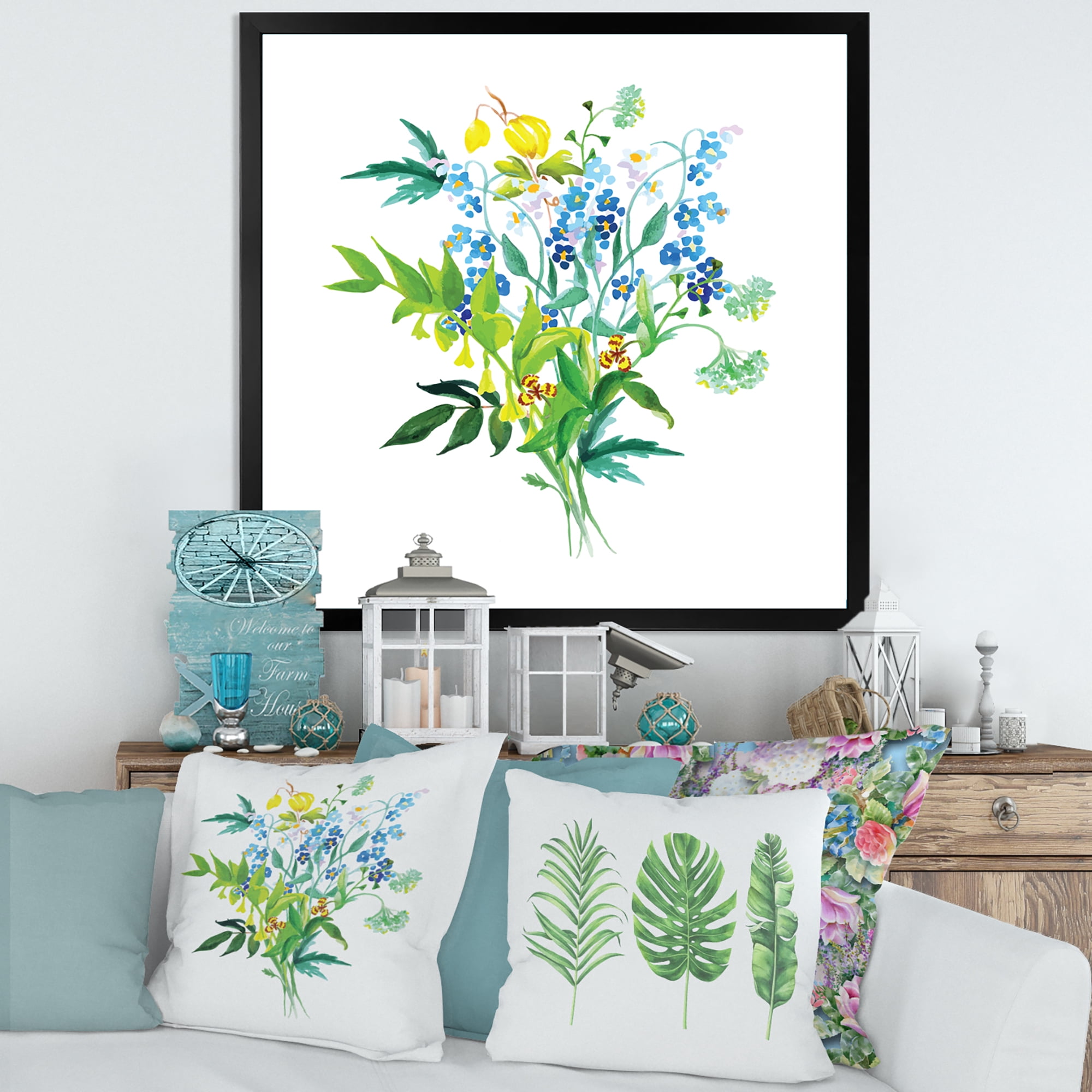 Designart 'Meadow Flowers Garland On White' Farmhouse Framed Art Print