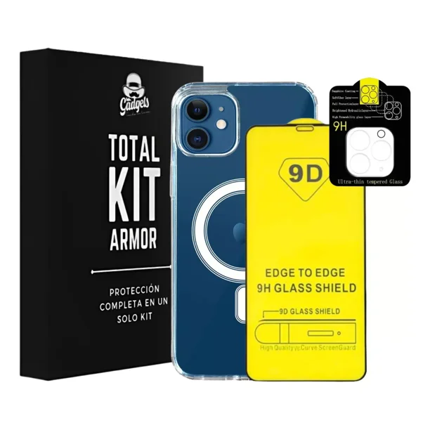 Mr. Gadgets Total Kit Armor Funda Transparente Magnética Con Animación + Mica Pantalla Completa Cristal Templado 9d + Mica Cámara Proteccion Completa Para iPhone Magsafe 3 En 1 Compatible iPhone 12