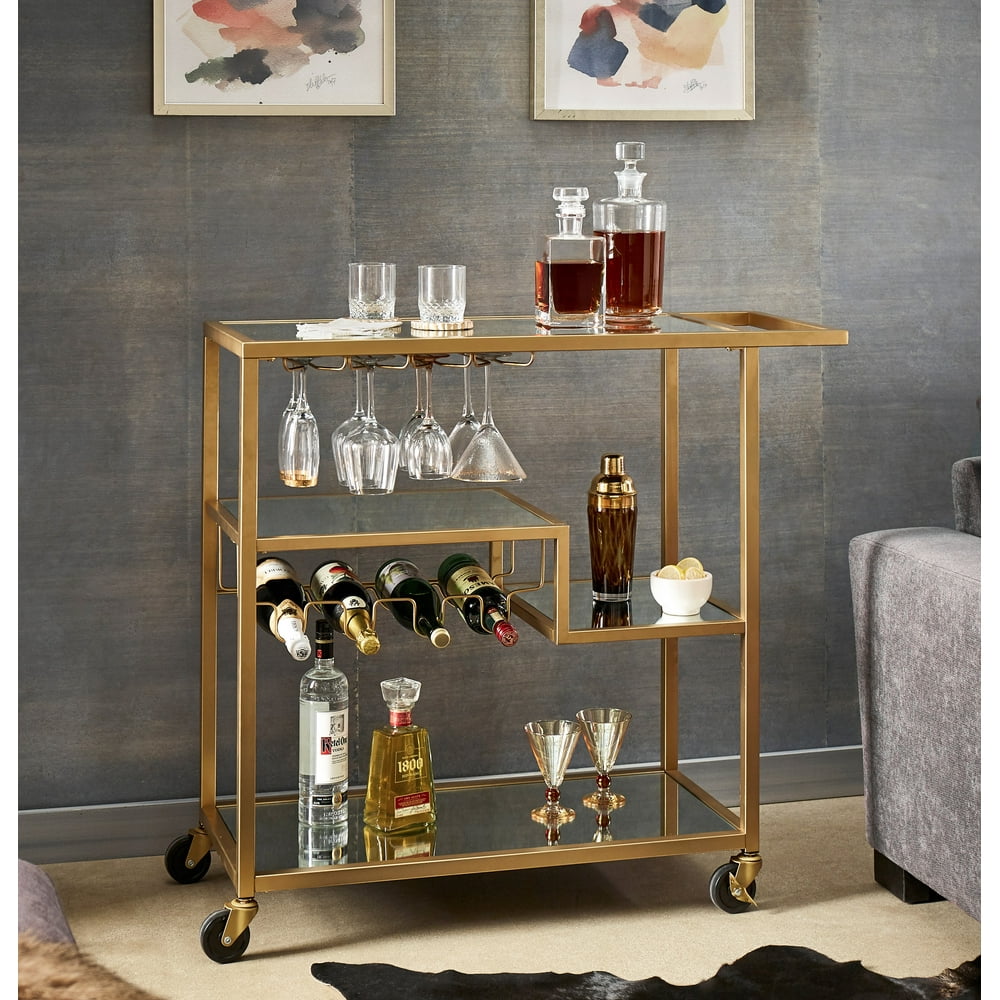 Chelsea Lane Champagne Gold Mirror Glass Metal Bar Cart