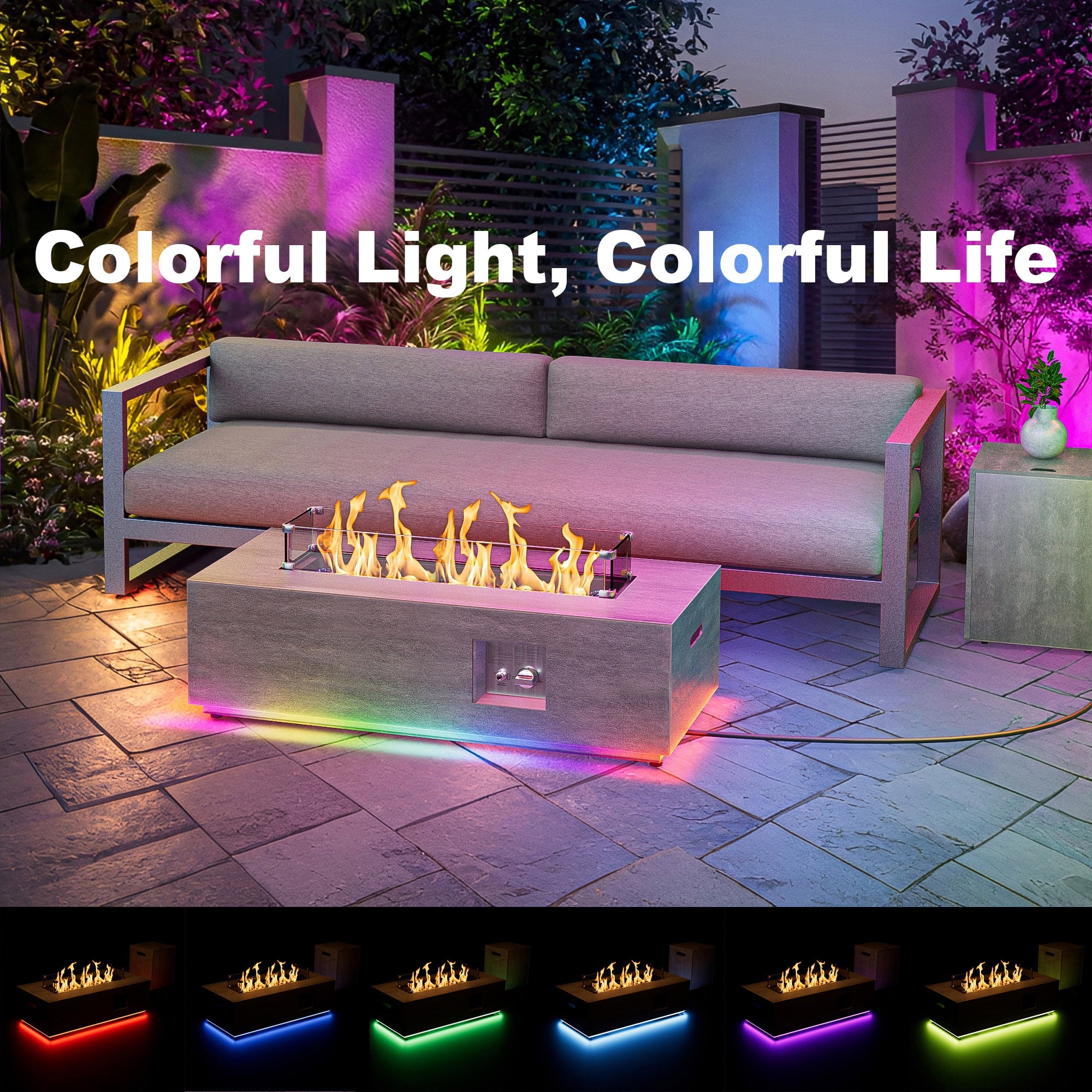Evita 42" Propane Fire Pits for Outdoor 50,000 BTU Gas Fire Pit Table with Lid ,Glass stone,Windguard Glass,Tank Cover,LED Light Strip