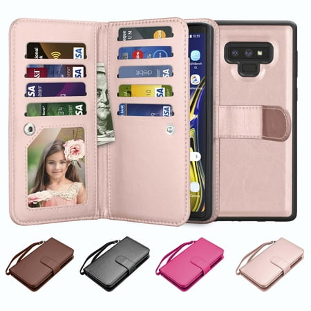 Galaxy Note 9 Case, Note 9 Wallet Case, Njjex Luxury PU Leather Wallet Case with ID&Card Holder Slot Detachable Magnetic Hard Case & Kickstand Case For Samsung Galaxy Note 9 -Rose