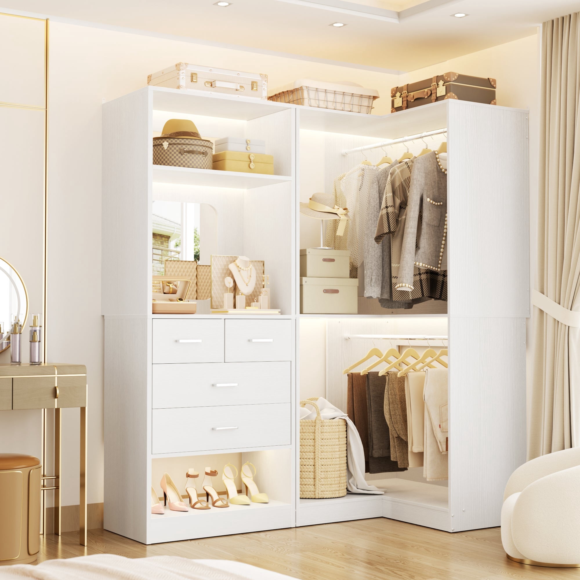 Homieasy 50'' W Walk-in Closet System with 4 Drawers, Hanging Rods