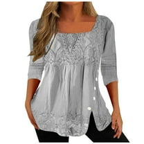 Virmaxy Womens Stylish Outfit 2 Piece Set Long Sleeve Square Neck Lace Splicing Button Split Hem T-Shirt Top Gray M