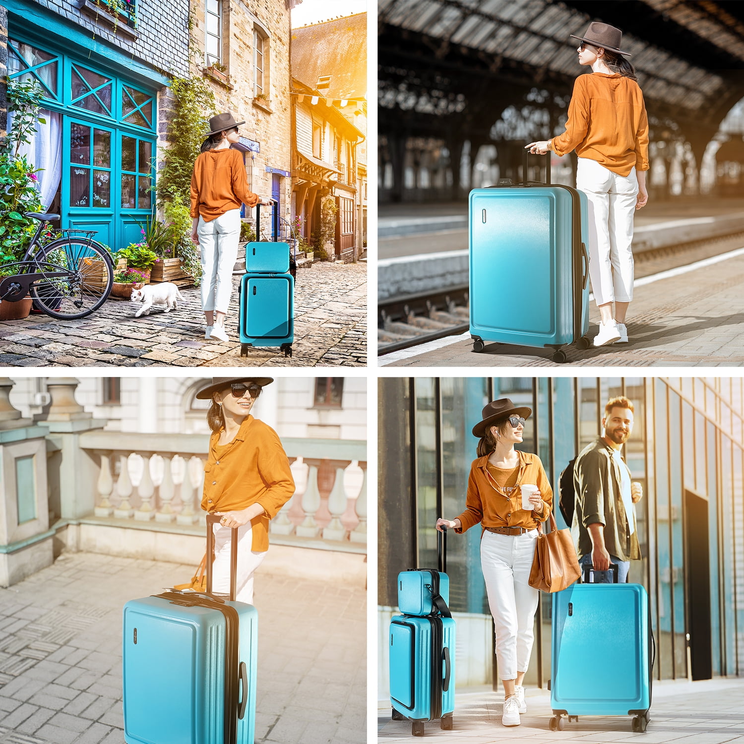 StorageBud 4 Piece Hardshell Exapandable Luggage Set, Spinner Luggage Suitcase Set, Teal Blue