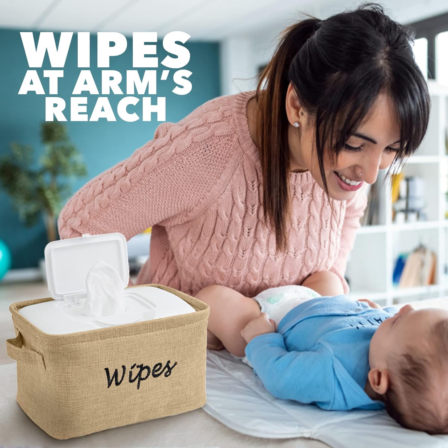 - Baskets for Organizing Wipes and Newborn Essentials, Diaper and Wipes Organizer, Embroidered Baby Shower Gifts for Moms, Linen Basket with Handle, 9 x 6 x 5.5 Inches, Natural