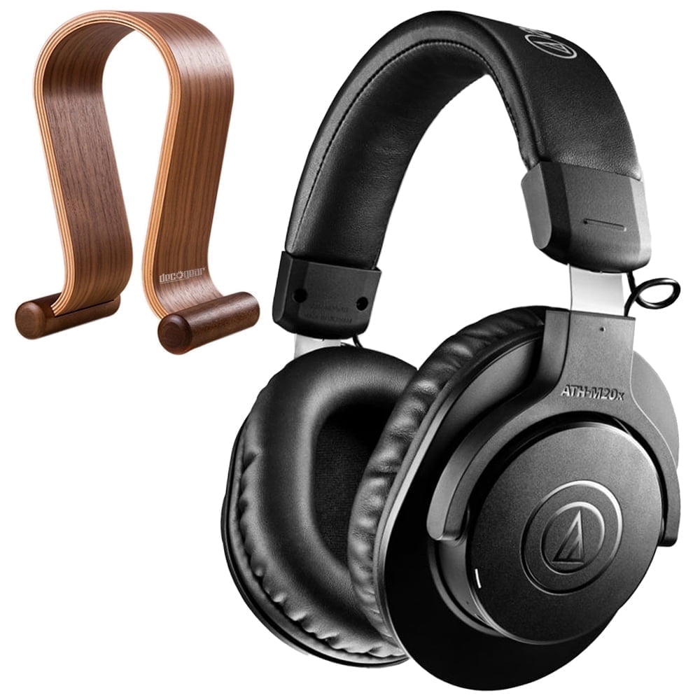Audio Technica ATH-M20xBT M20x Bluetooth Wireless Professional Monitor Headphones Bundle with Deco Gear Wood Headphone Display Stand Secure Tabletop Holder/Gaming Headset Hanger
