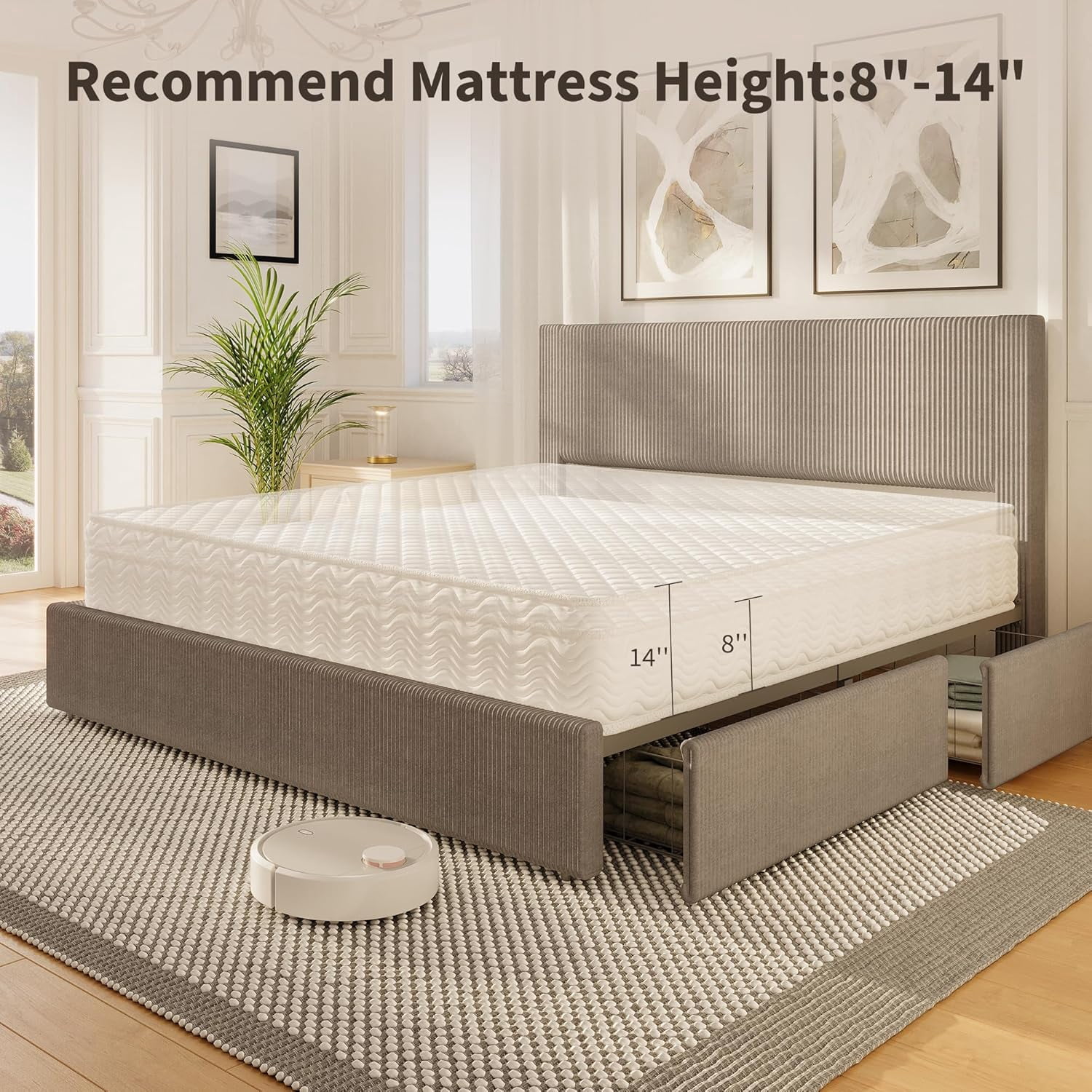 EastVita King Size Bed Frame with 4 Storage Drawers Corduroy Upholstered Platform Bed Tufted Wingback Headboard Wood Slat Support No Box Spring Needed Brown