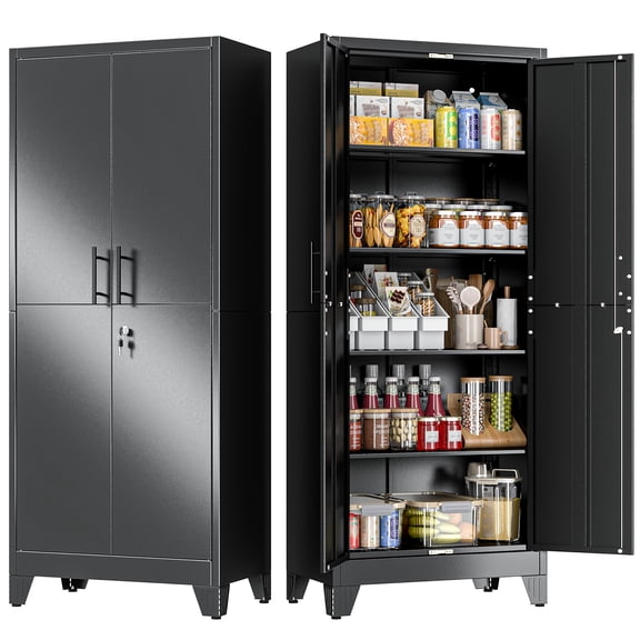 71" Tall Metal Pantry Storage Cabinet with Lock, File Cabinet Black | 2 Doors Freestanding Steel Bookcase with Adjustable Shelves, Heavy Duty Lockable Office Cabinet, Garage Utility Organizer
