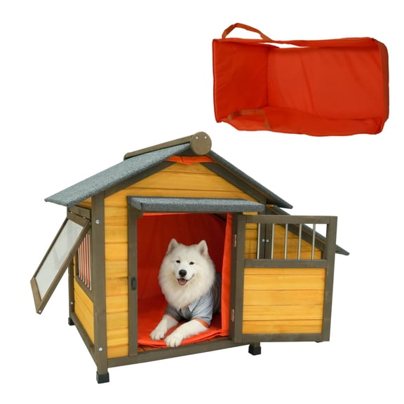 BOFANG All-Weather Dog House with Removable Roof, Lockable Door & Insulated Curtain for Small Medium Dogs