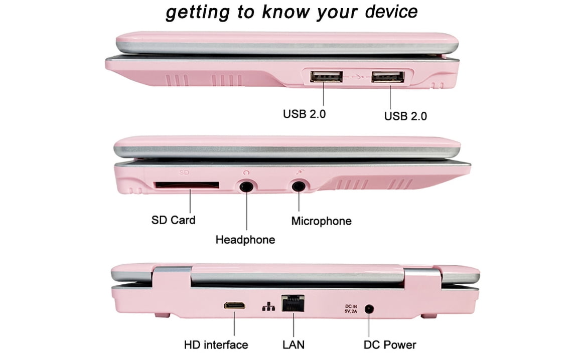 Goldengulf 7 Inch Portable Mini Computer Laptop PC Netbook for Kids Android 12 Quad Core 32GB WiFi Built in Camera YouTube Flash Player-Pink