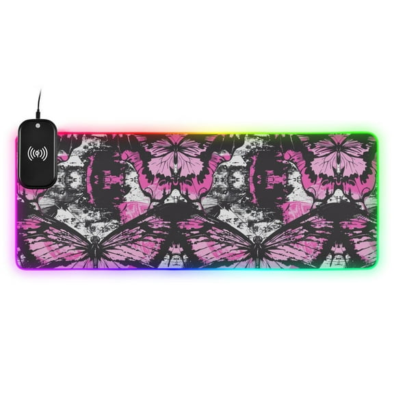 Wireless Charging Mouse Pad Large RGB Gaming Desk Mat 13 Light Modes Mousepad 31.5x11.8 Pink Butterfly