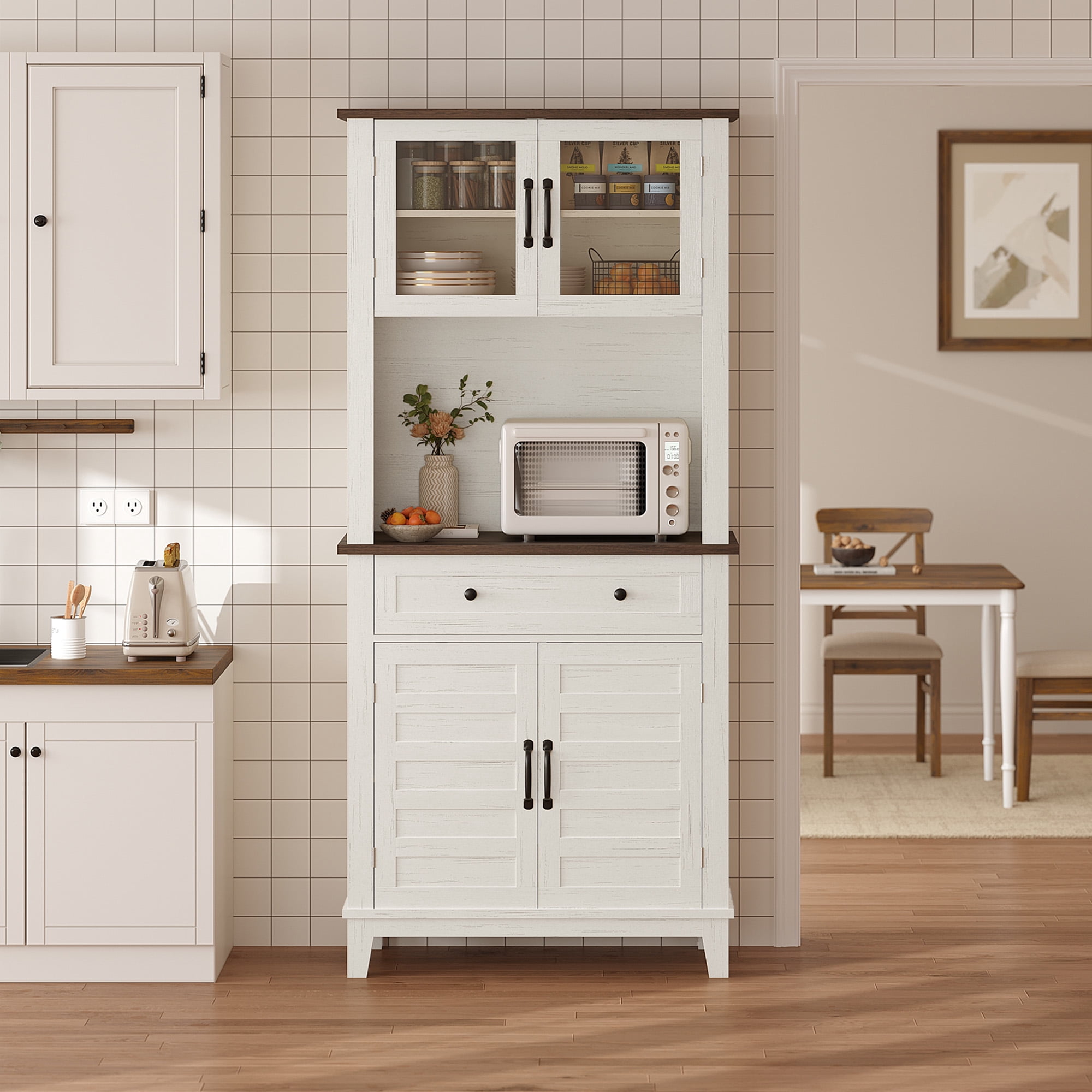 Kicctian 72" Tall Freestanding Kitchen Pantry Storage Cabinet with 2 Glass Doors and 2 Wooden Doors, Adjustable Shelves, Multi-Purpose Buffet Hutch for Dining Room or Bathroom, White